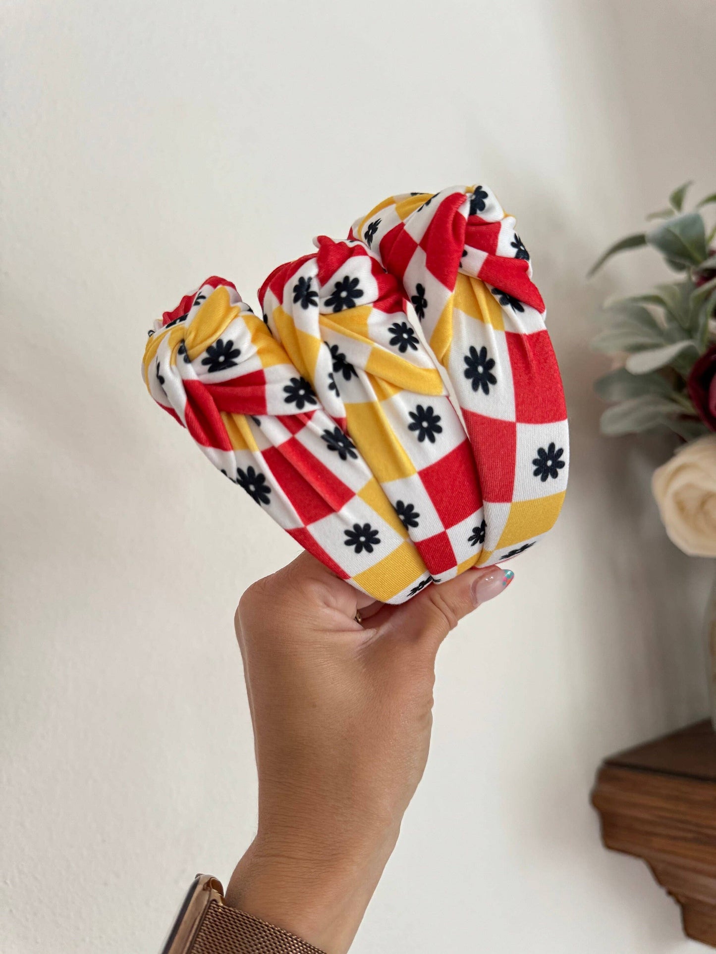 Retro Checkered Flower Headband