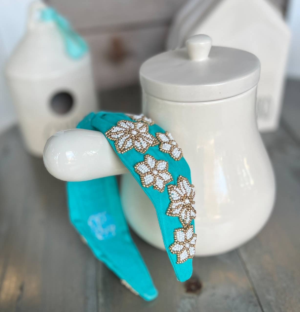 Snowflake Turquoise Beaded Knot Headband