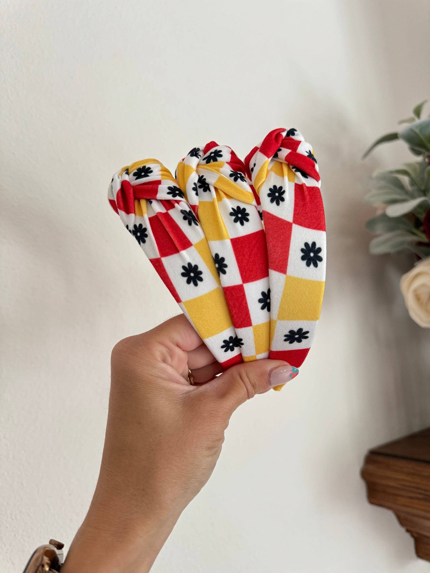 Retro Checkered Flower Headband
