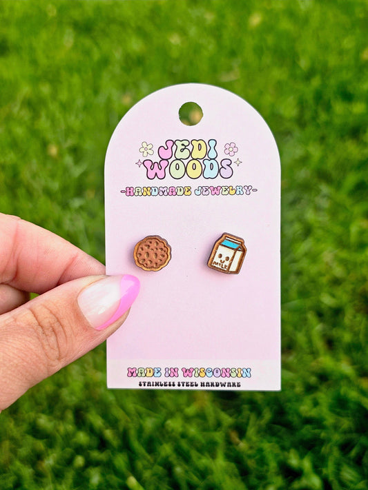 Milk and Cookie Handpainted Novelty Stud Earrings