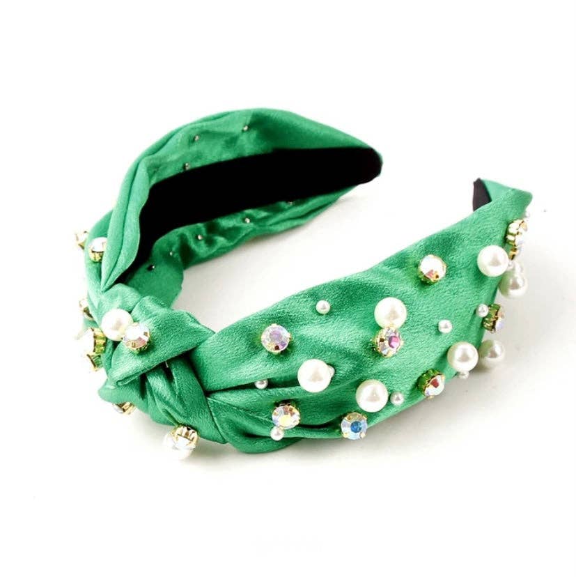 Emerald Satin Jeweled Topknot Headband