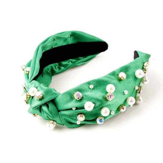 Emerald Satin Jeweled Topknot Headband