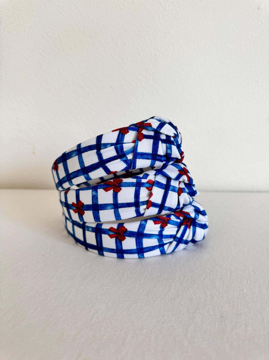 Summery Blue Gingham Red Bows Headband, Show your patriotic spirit with this handmade headband. Perfect for the 4th of July, Memorial day, or any day you're feeling festive, this will add the perfect touch of Americana to your outfit. Stylish, secure, and