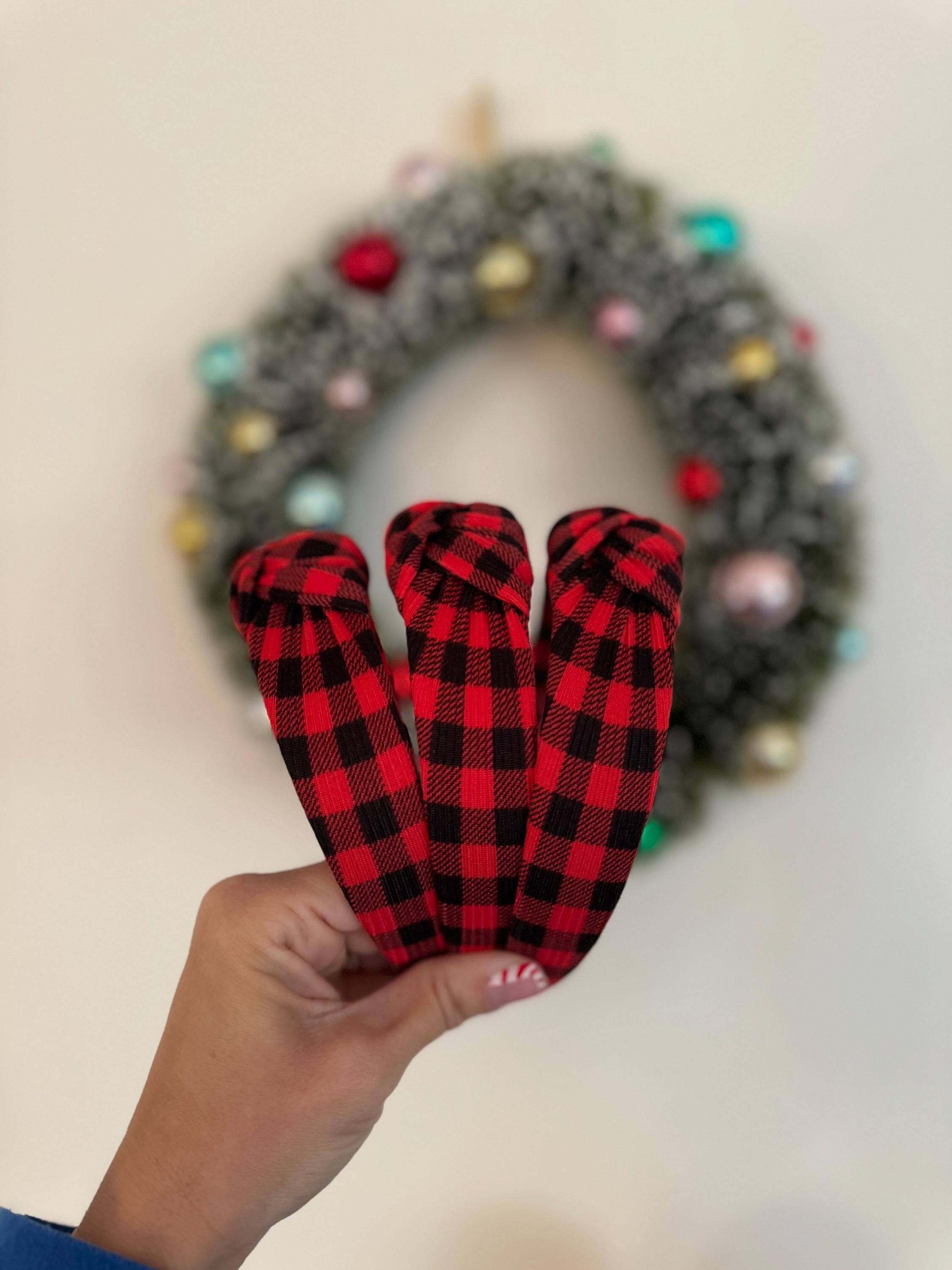 Holiday Buffalo Check Top Knot Headband, Perfect holiday vibes! This buffalo check patterned fabric is everything that is right with winter. Use this headband to add a festive touch to any outfit. Fit: These bendable headbands fit sizing 2 years up to 99